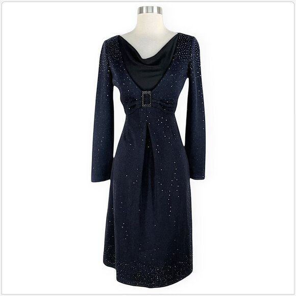 St. John Navy Blue Black Paillette Rhinestone Knit Long Sleeve Evening Dress 2 - Picture 1 of 4
